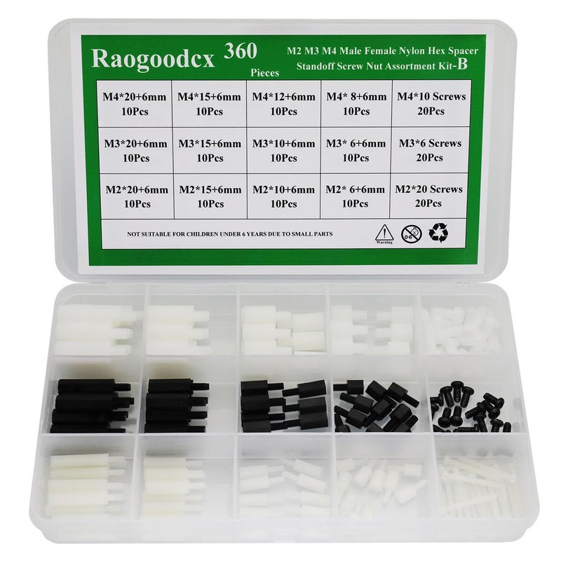 Raogoodcx 360pcs M2 M3 M4 Male Female Nylon Hex Spacer Standoff Screw Nut Assortment Kit - Image 3